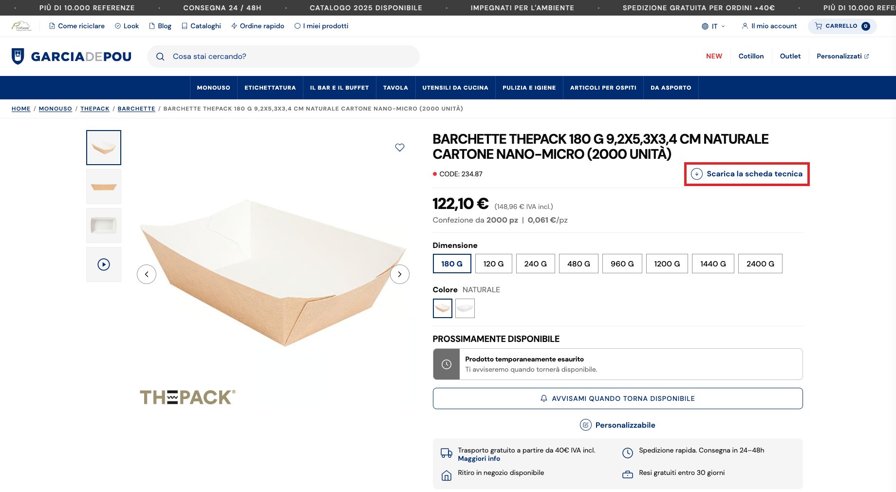 Scheda del prodotto con il link «Scarica la scheda tecnica» evidenziato